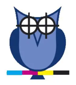 A blue owl with glasses and cmyk colors.